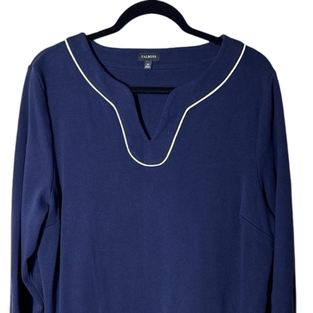Talbots Dress XL Large Navy Blue Cream Trim Cotton 3/4 sleeves Casual Dress - Picture 8 of 8